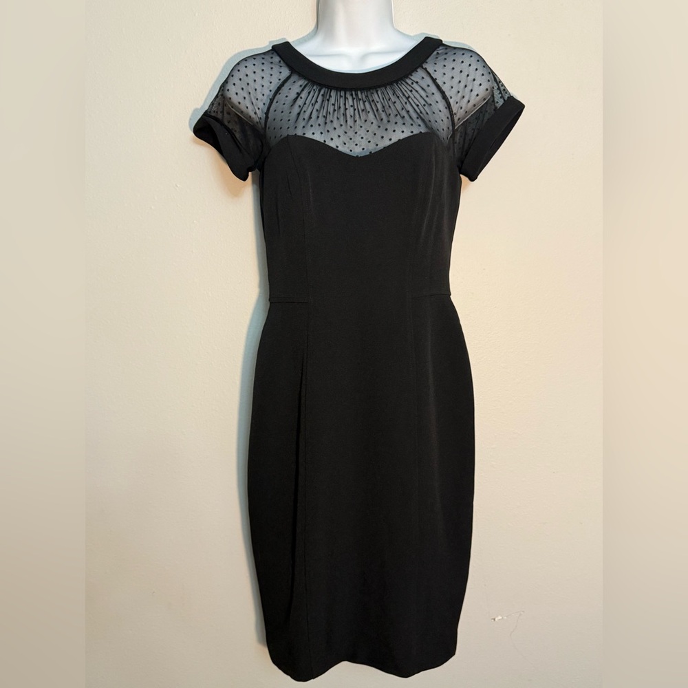 White House Black Market Black Dress with Sheer Polka Dot Yoke